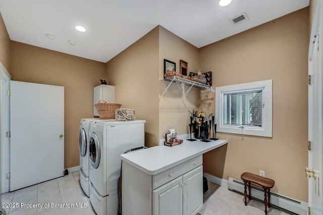 119 Glenmaura Dr, Moosic, PA 18507 - laundry room featuring a baseboard heating unit, cabinet space, washer and clothes dryer, light tile patterned floors, and recessed lighting