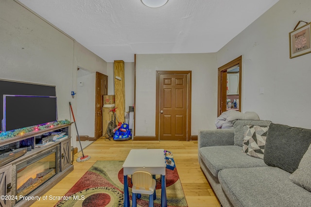 living room with hardwood / wood-style floors and a textured ceiling