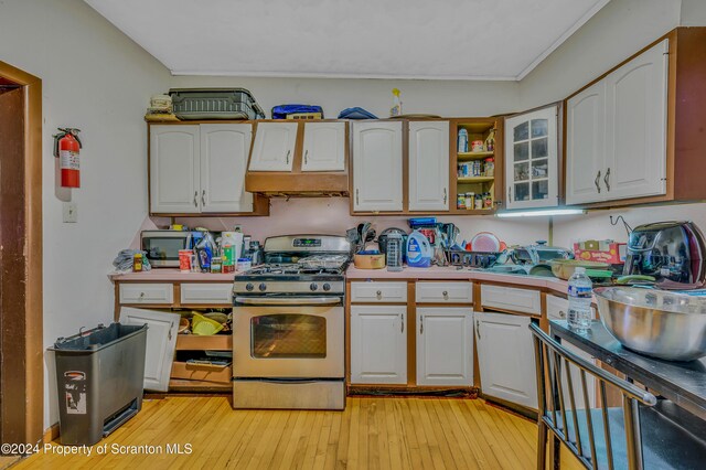 kitchen featuring white cabinets, light wood-type flooring, and stainless steel appliances