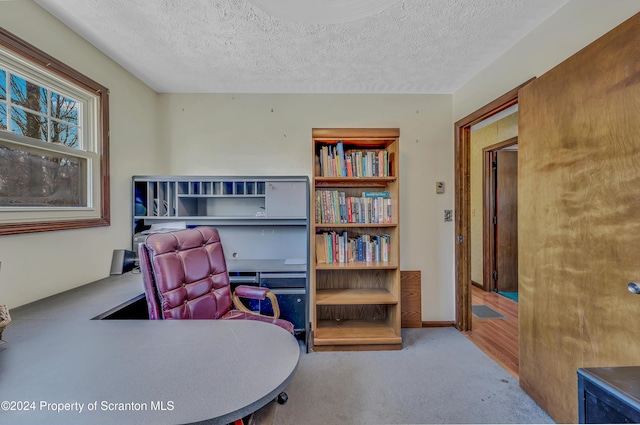 carpeted home office with a textured ceiling