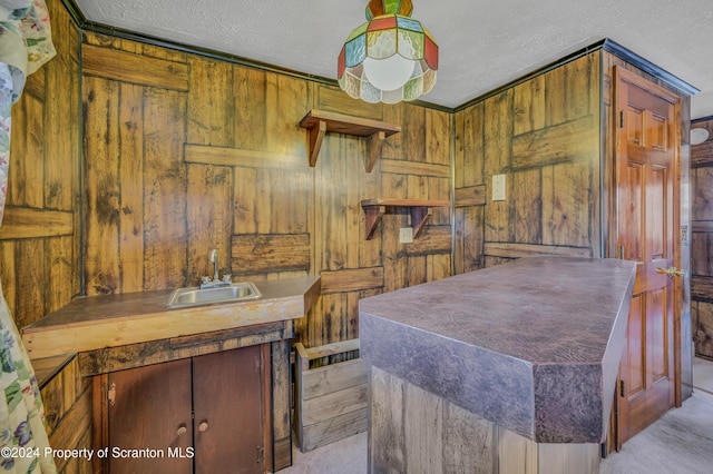 interior space featuring wood walls, sink, pendant lighting, and a textured ceiling