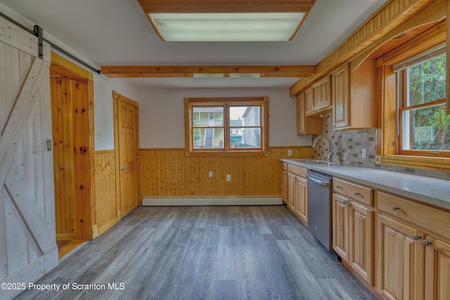 326 Neptune Pl, Scranton, PA 18505 - kitchen with stainless steel dishwasher, wainscoting, light wood finished floors, plenty of natural light, and baseboard heating