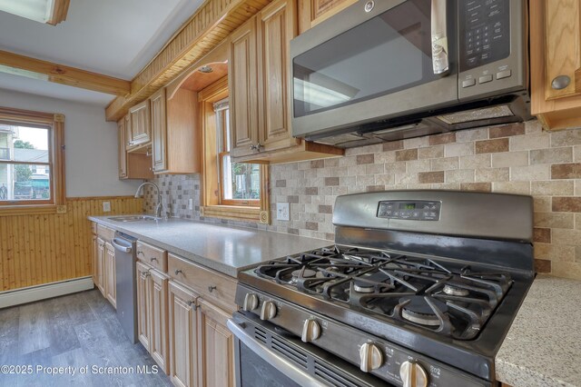 326 Neptune Pl, Scranton, PA 18505 - kitchen featuring stainless steel appliances, light countertops, light wood finished floors, wainscoting, and a baseboard heating unit