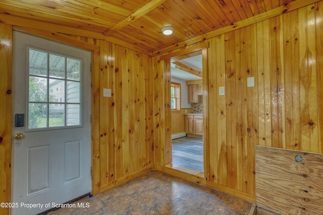 326 Neptune Pl, Scranton, PA 18505 - entryway featuring wood walls, healthy amount of natural light, wood ceiling, and a baseboard radiator