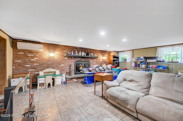 592 Gravel Pond Rd, Clarks Summit, PA 18411 - living room featuring a wall mounted AC, a fireplace, light tile patterned floors, brick wall, and recessed lighting