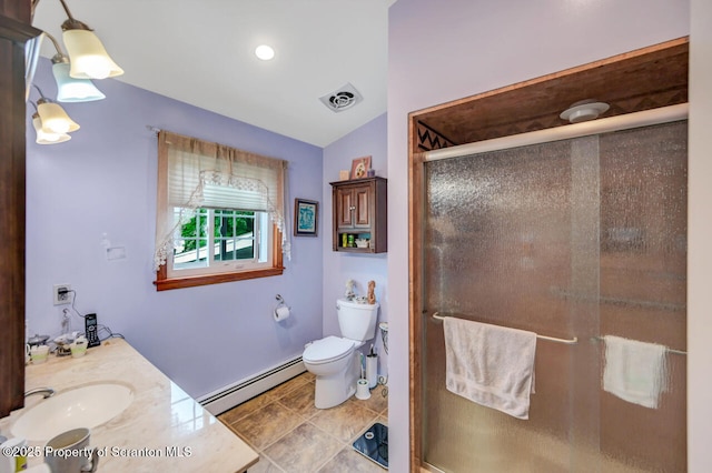 592 Gravel Pond Rd, Clarks Summit, PA 18411 - full bathroom with baseboard heating, vanity, vaulted ceiling, a stall shower, and tile patterned floors