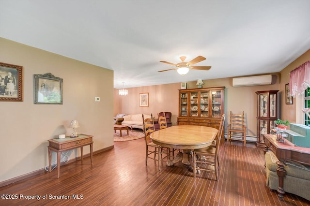 592 Gravel Pond Rd, Clarks Summit, PA 18411 - dining space featuring a wall unit AC, ceiling fan, hardwood / wood-style floors, and a baseboard radiator
