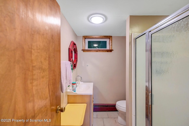 592 Gravel Pond Rd, Clarks Summit, PA 18411 - bathroom featuring vanity, a stall shower, tile patterned flooring, and a baseboard heating unit
