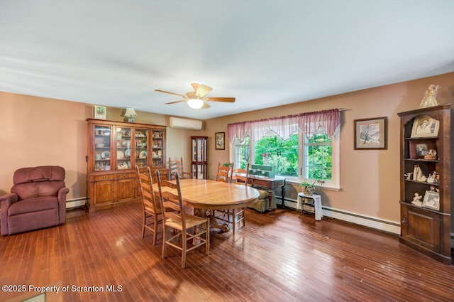 592 Gravel Pond Rd, Clarks Summit, PA 18411 - dining area featuring a wall mounted air conditioner, a baseboard radiator, ceiling fan, and hardwood / wood-style flooring