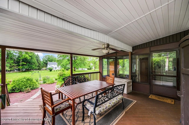 592 Gravel Pond Rd, Clarks Summit, PA 18411 - wooden deck featuring ceiling fan, outdoor dining space, and a lawn