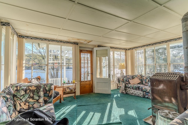 272 Lake Blvd, Clifford Twp, PA 18470 - sunroom with carpet, a water view, and a drop ceiling