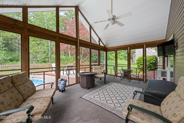 73 Quinton Rd, Scott Twp, PA 18447 - sunroom with plenty of natural light, lofted ceiling, ceiling fan, and an outdoor living space