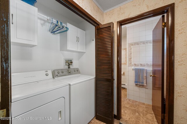 73 Quinton Rd, Scott Twp, PA 18447 - laundry area featuring cabinet space, separate washer and dryer, a baseboard radiator, crown molding, and wallpapered walls