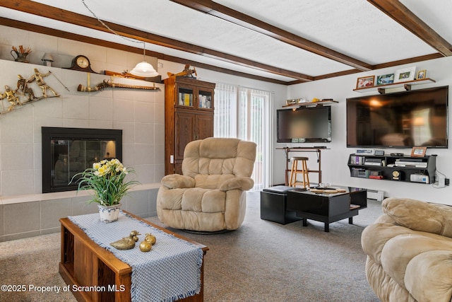 73 Quinton Rd, Scott Twp, PA 18447 - carpeted living area featuring beamed ceiling and a fireplace