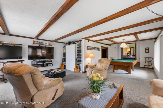73 Quinton Rd, Scott Twp, PA 18447 - carpeted living room featuring beamed ceiling and billiards