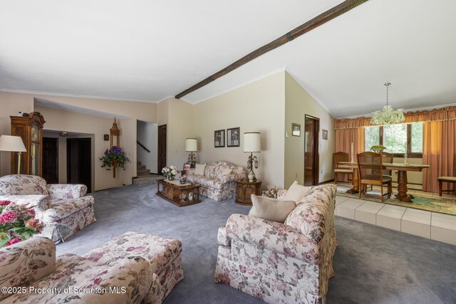 73 Quinton Rd, Scott Twp, PA 18447 - living room with ornamental molding, carpet flooring, stairway, and vaulted ceiling