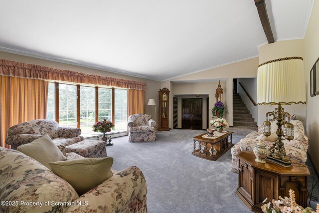 73 Quinton Rd, Scott Twp, PA 18447 - carpeted living area featuring stairway, lofted ceiling, and ornamental molding