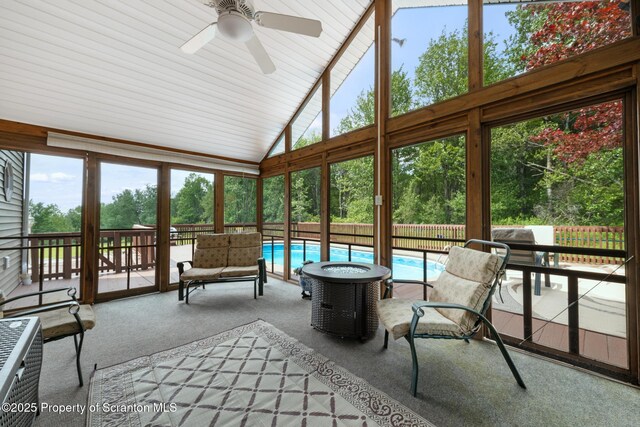 73 Quinton Rd, Scott Twp, PA 18447 - sunroom featuring a ceiling fan, lofted ceiling, and outdoor lounge area