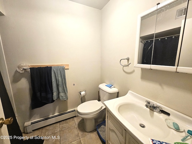 full bathroom with vanity, visible vents, tile patterned flooring, a baseboard heating unit, and toilet