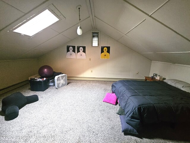 carpeted bedroom featuring lofted ceiling