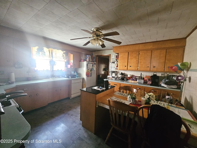 kitchen with a sink, white appliances, brown cabinetry, dark floors, and ceiling fan