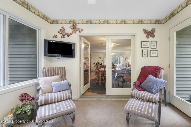 living area featuring a wealth of natural light and carpet