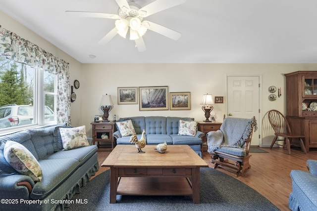 living area featuring ceiling fan and wood finished floors