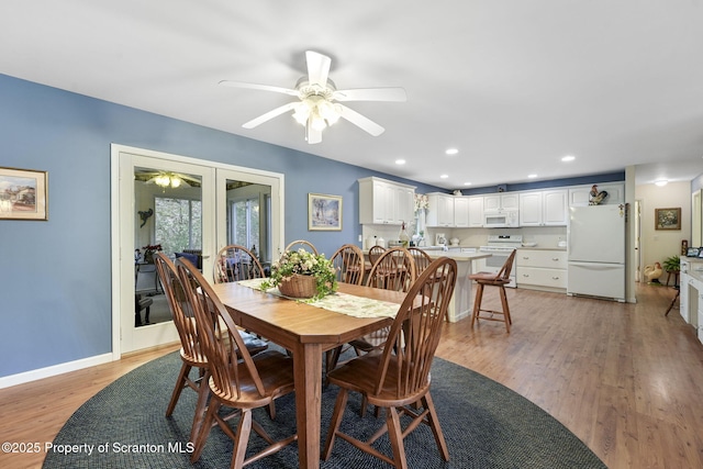 dining space featuring recessed lighting, baseboards, ceiling fan, and light wood-type flooring