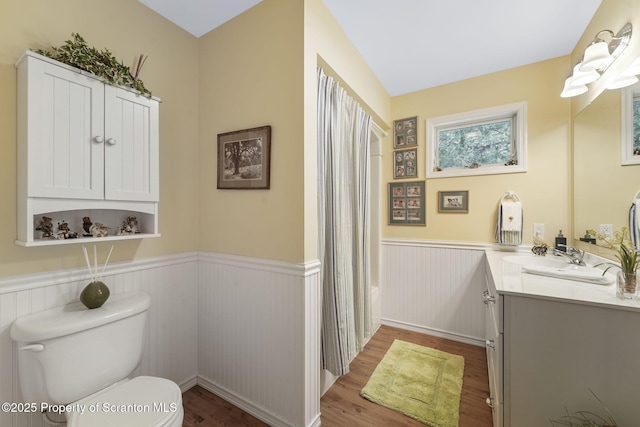 full bathroom featuring vanity, toilet, wood finished floors, and a wainscoted wall