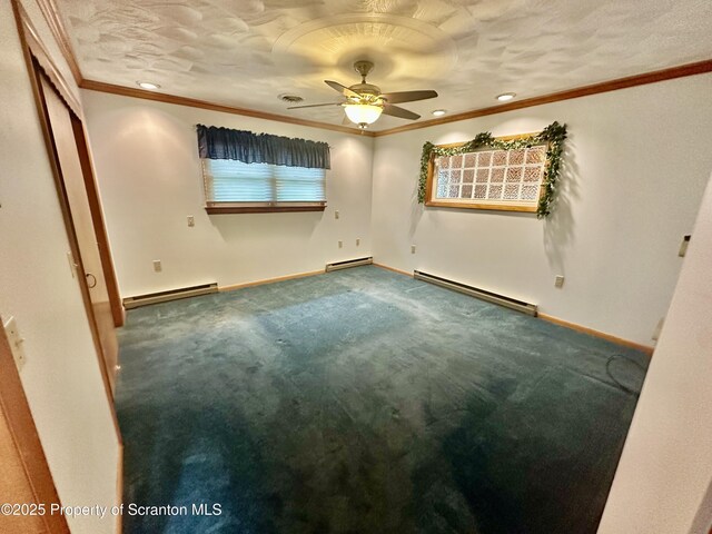 290 Holly Ln, Sturges, PA 18447 - carpeted spare room with a baseboard radiator, crown molding, ceiling fan, recessed lighting, and a textured ceiling