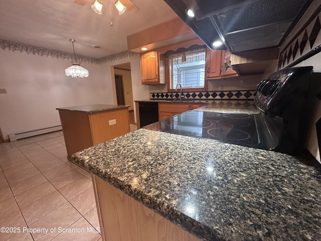 290 Holly Ln, Sturges, PA 18447 - kitchen with baseboard heating, ventilation hood, a kitchen island, backsplash, and stove
