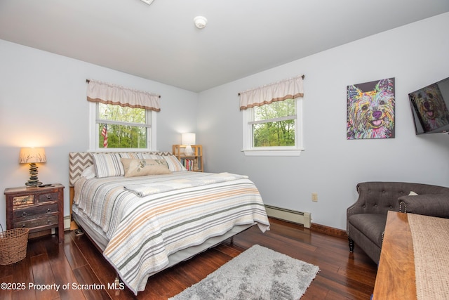 210 Willow Dr, Jefferson Twp, PA 18436 - bedroom featuring a baseboard radiator, multiple windows, wood finished floors, and baseboards