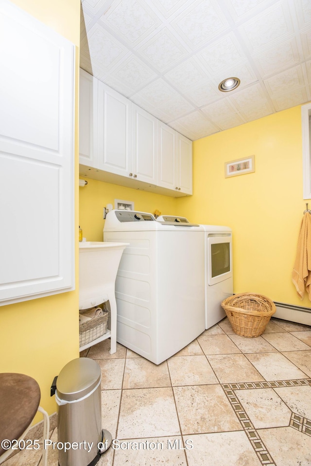210 Willow Dr, Jefferson Twp, PA 18436 - laundry room featuring cabinet space, washer and clothes dryer, recessed lighting, and baseboard heating