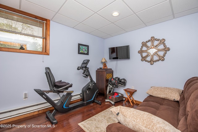 210 Willow Dr, Jefferson Twp, PA 18436 - workout area featuring wood finished floors, a paneled ceiling, baseboards, and recessed lighting