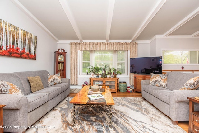 210 Willow Dr, Jefferson Twp, PA 18436 - living area featuring healthy amount of natural light, beamed ceiling, wood finished floors, and baseboard heating