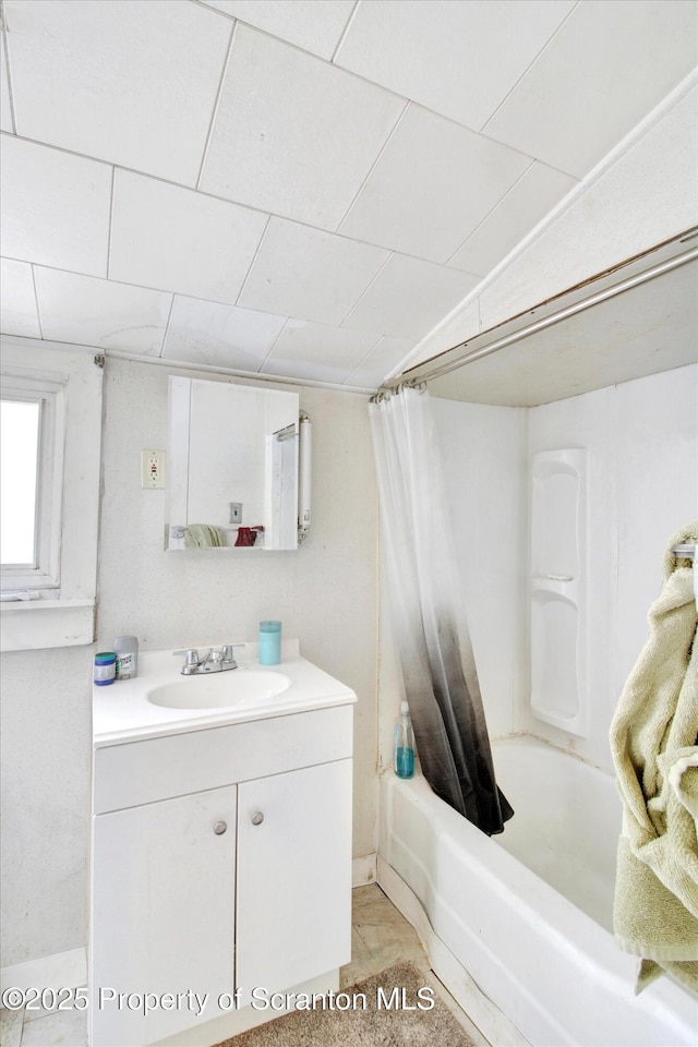 full bath featuring shower / bath combination with curtain and vanity