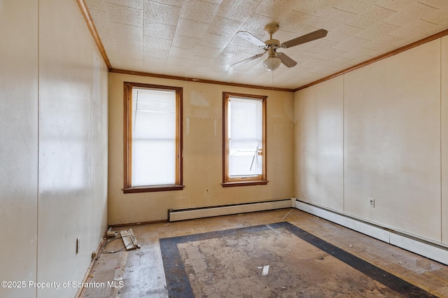 empty room featuring a baseboard radiator, ceiling fan, ornamental molding, and a healthy amount of sunlight