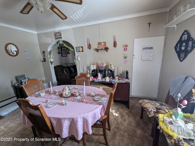 846 Capouse Ave, Scranton, PA 18509 - carpeted dining space featuring ceiling fan and crown molding