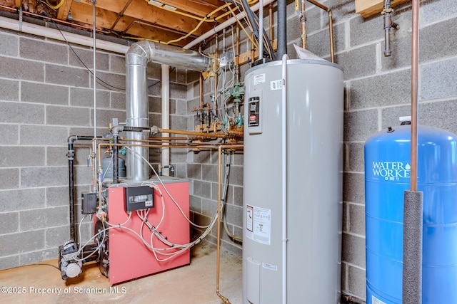 utility room with water heater and a heating unit