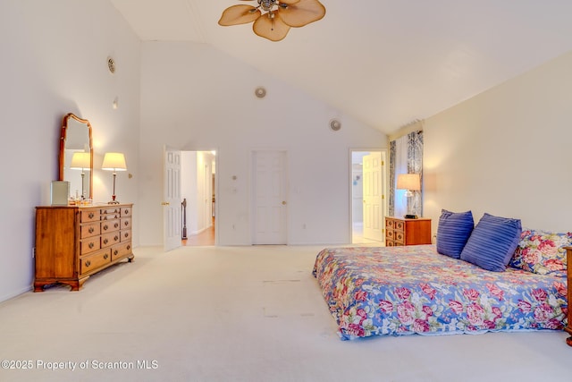 bedroom featuring carpet floors, ceiling fan, and high vaulted ceiling