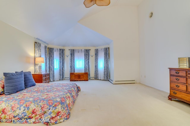 bedroom with high vaulted ceiling, carpet flooring, and baseboard heating