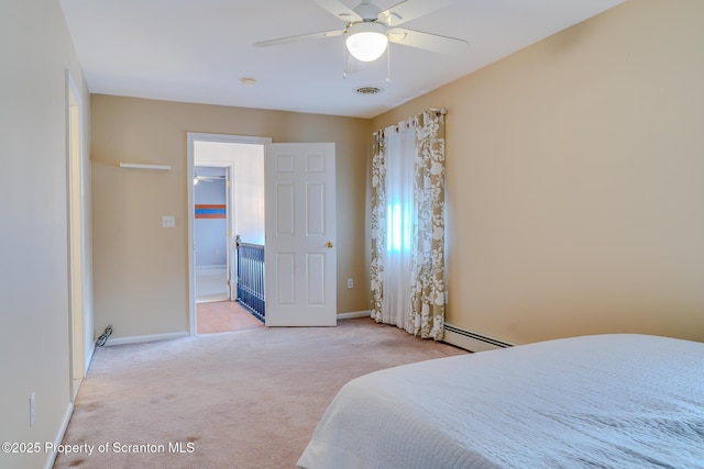 bedroom featuring carpet, visible vents, a baseboard heating unit, ceiling fan, and baseboards