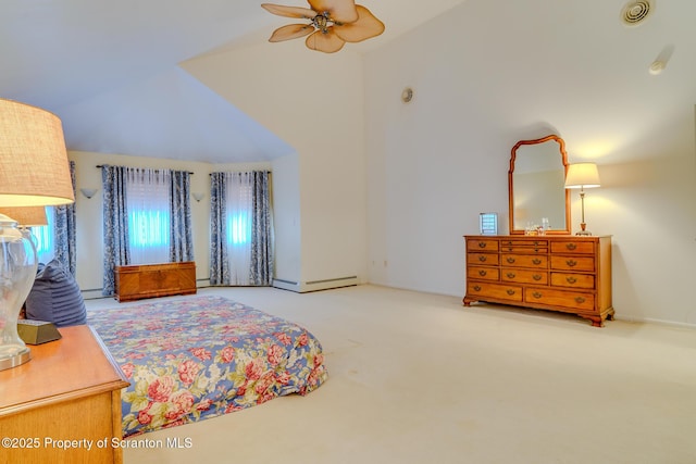 carpeted bedroom with high vaulted ceiling, a baseboard heating unit, and ceiling fan