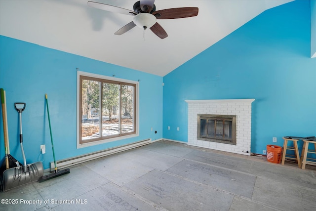 unfurnished living room with a baseboard radiator, lofted ceiling, ceiling fan, and a fireplace