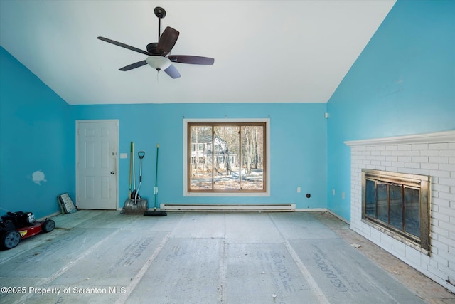 unfurnished living room featuring ceiling fan, lofted ceiling, baseboard heating, and a brick fireplace