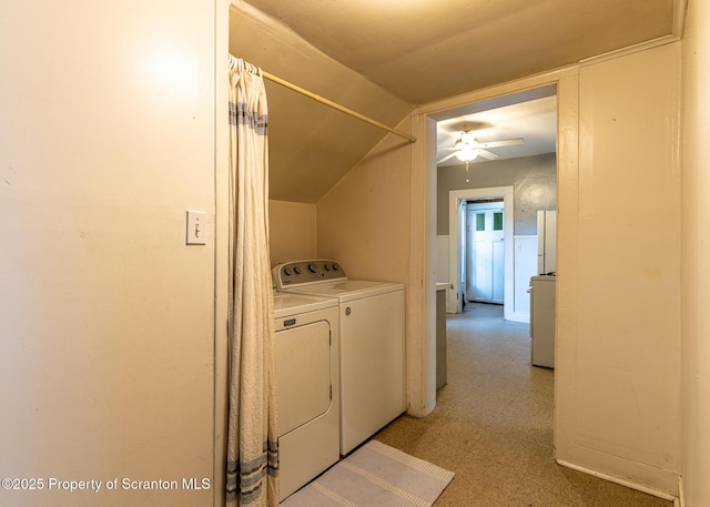 989 Main St, New Milford, PA 18834 - washroom with washing machine and dryer, light flooring, and a ceiling fan