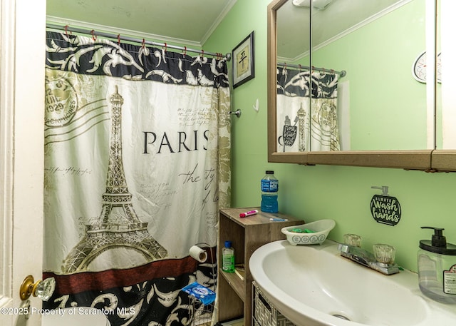 989 Main St, New Milford, PA 18834 - bathroom featuring ornamental molding and curtained shower