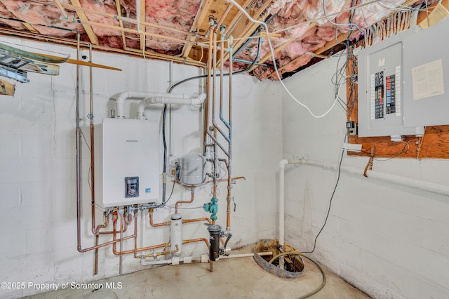 utility room with tankless water heater and electric panel