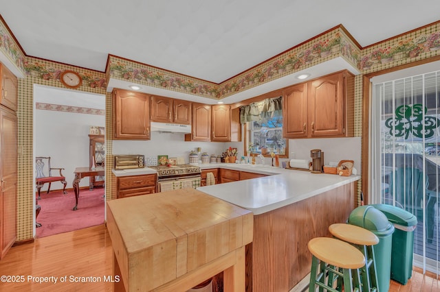 kitchen with a peninsula, light countertops, stainless steel range with electric stovetop, under cabinet range hood, and a kitchen bar