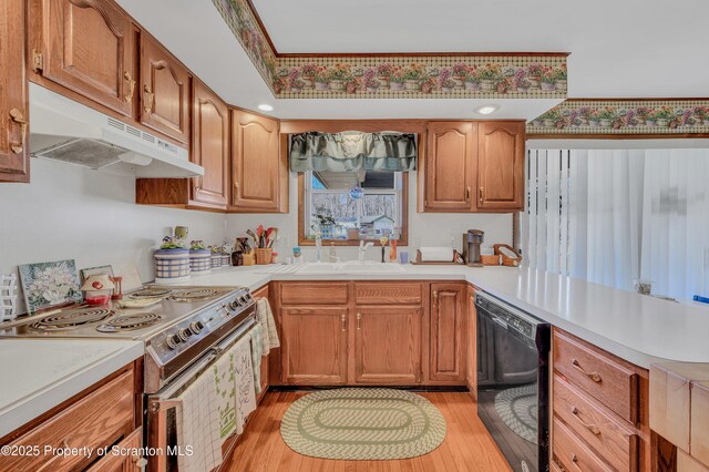 kitchen with under cabinet range hood, a sink, black dishwasher, stainless steel electric range, and light countertops